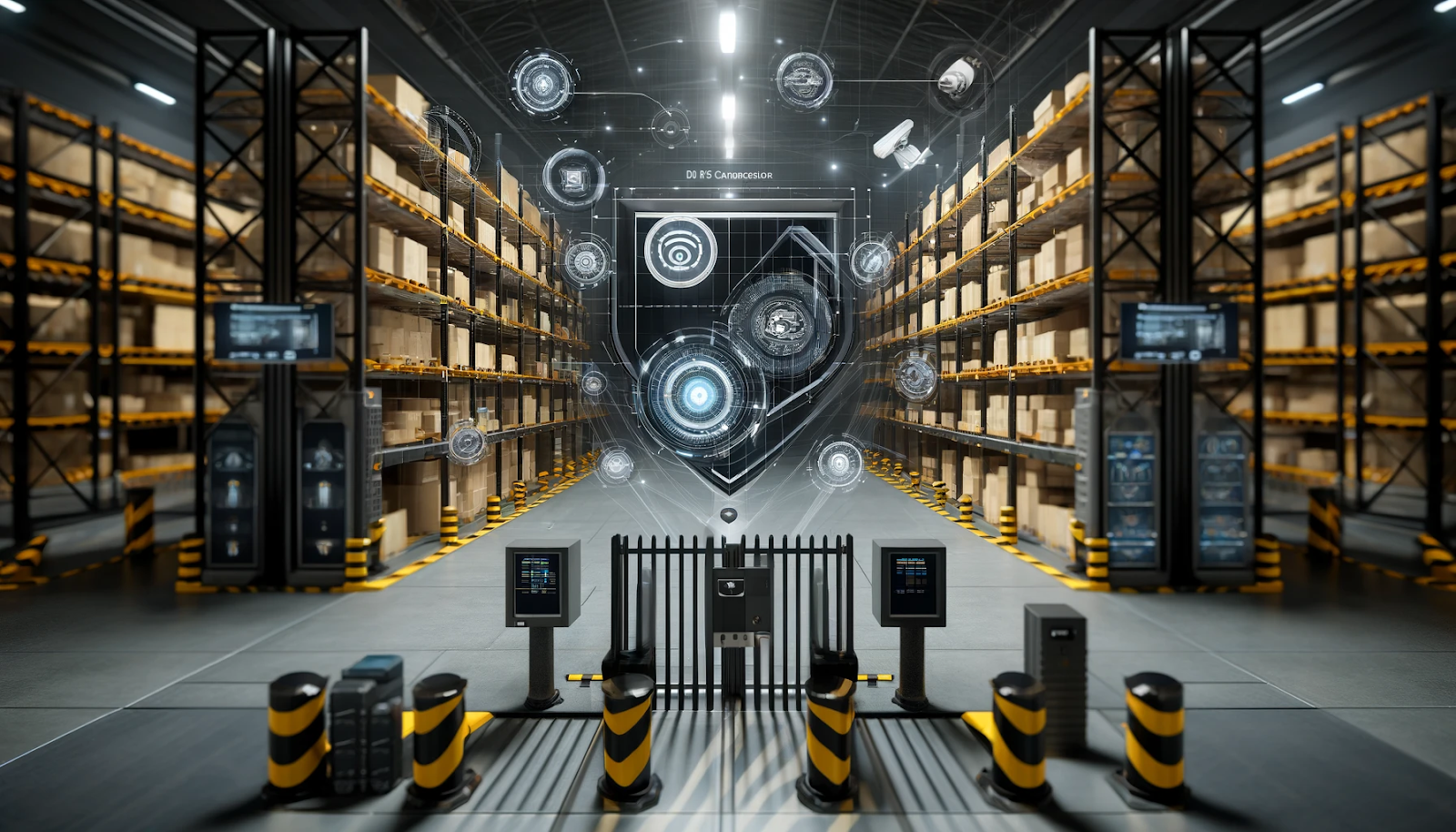Photorealistic image of a secure warehouse with high-tech surveillance cameras, RFID tags, and electronic article surveillance (EAS) systems. The image prominently features black and gold colors, symbolizing protection and value.
