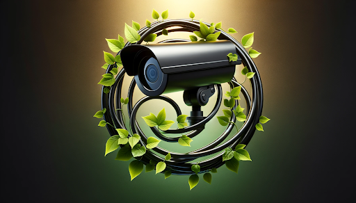 Photorealistic image of a black security camera entwined with green vines against a black and gold gradient background, symbolizing environmental regulations in security operations