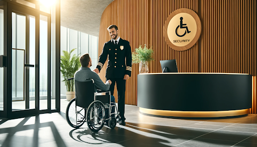 Cheerful security guard assisting wheelchair user in ADA-compliant office lobby, promoting accessibility in security operations.